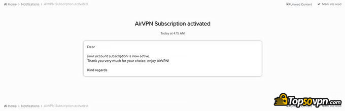 Airvpn отзывы: Уведомление об активации.